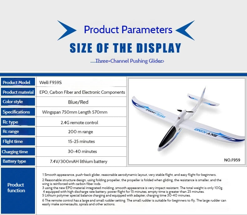 F959s Three-Channel Push-Back High-Speed Glider Six-Axis Gyroscope Remote Control Aircraft Plane Rc Model Toy