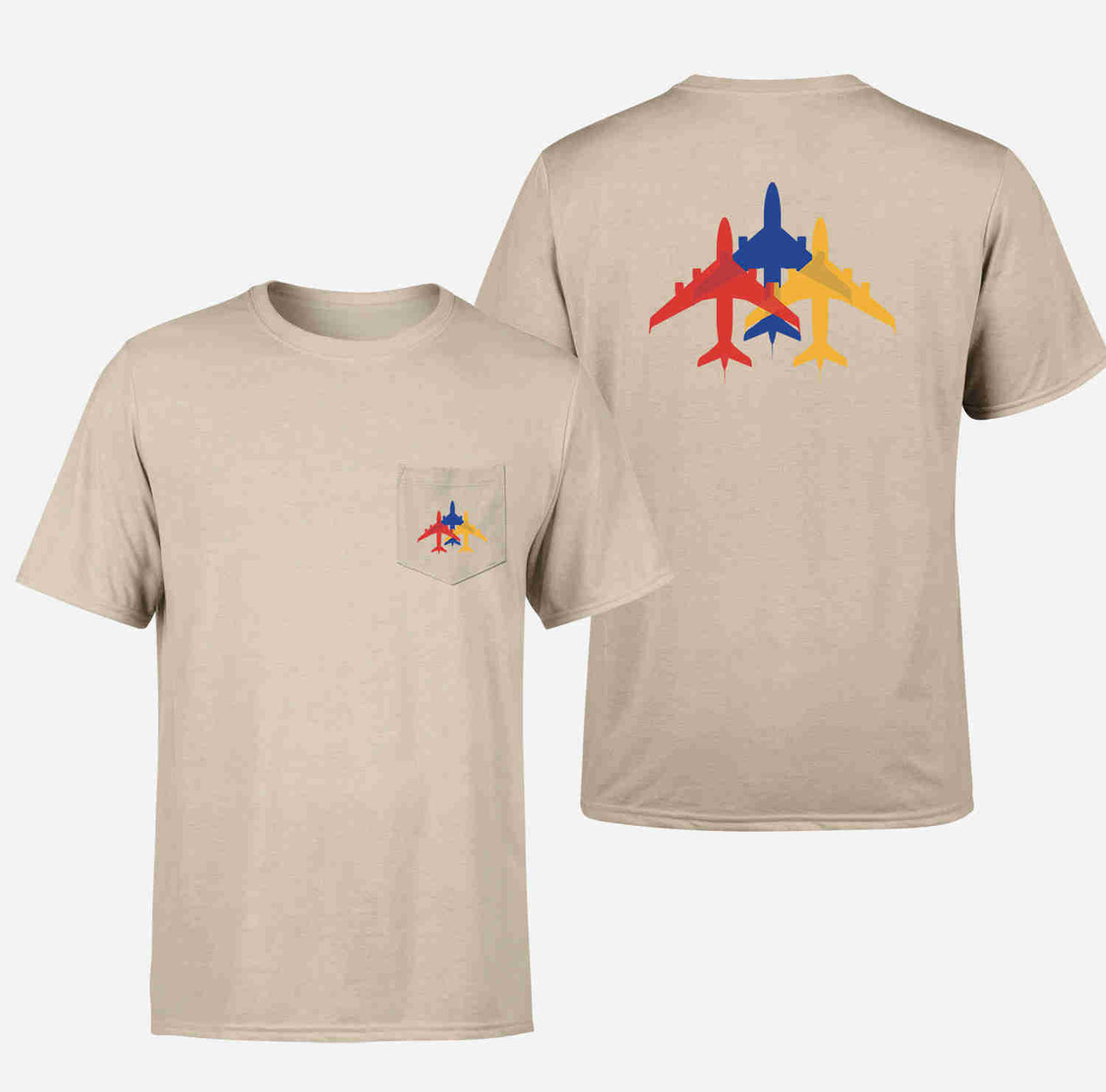 Colourful 3 Airplanes Designed Pocket T-Shirts