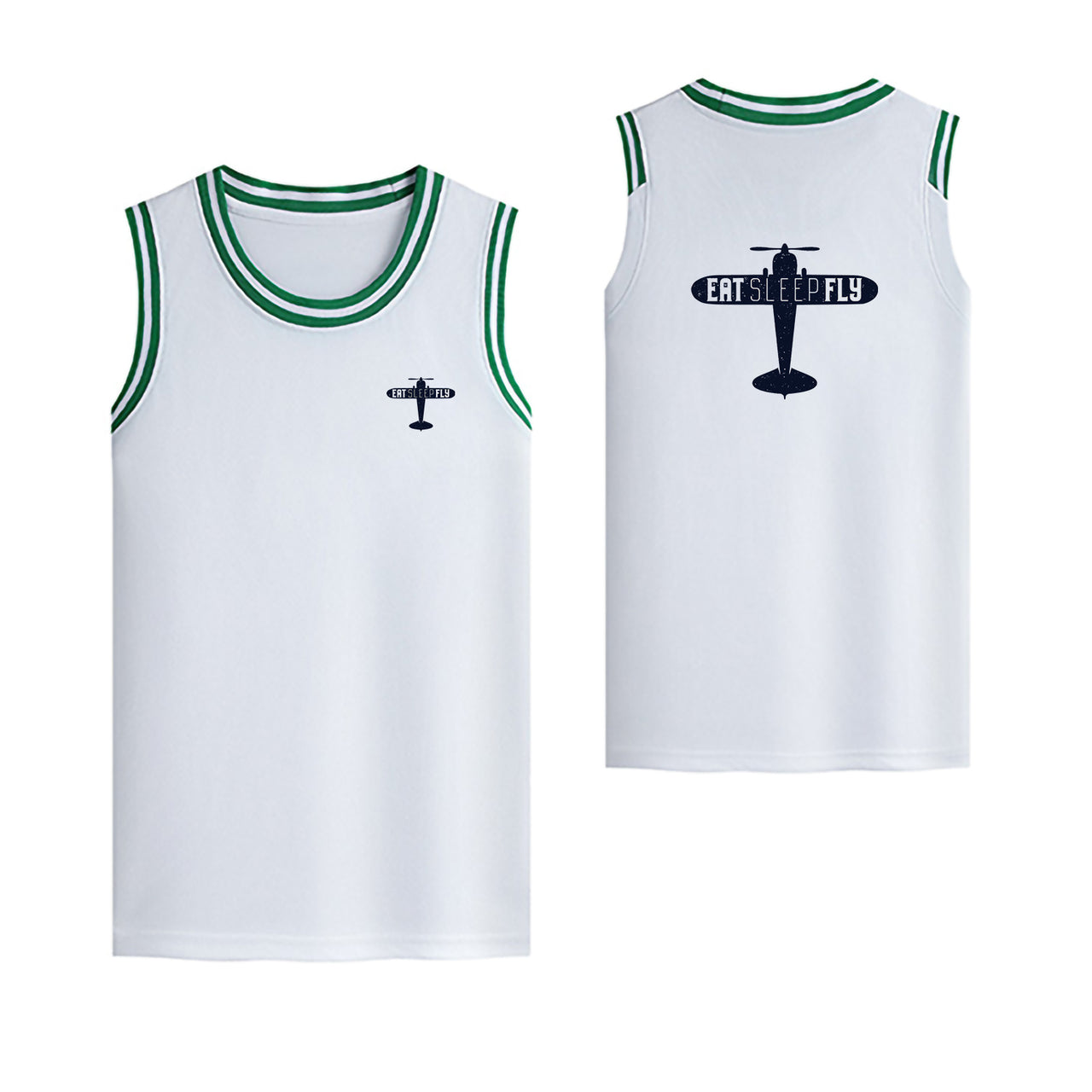 Eat Sleep Fly & Propeller Designed Basketball Style Sports Tank Tops