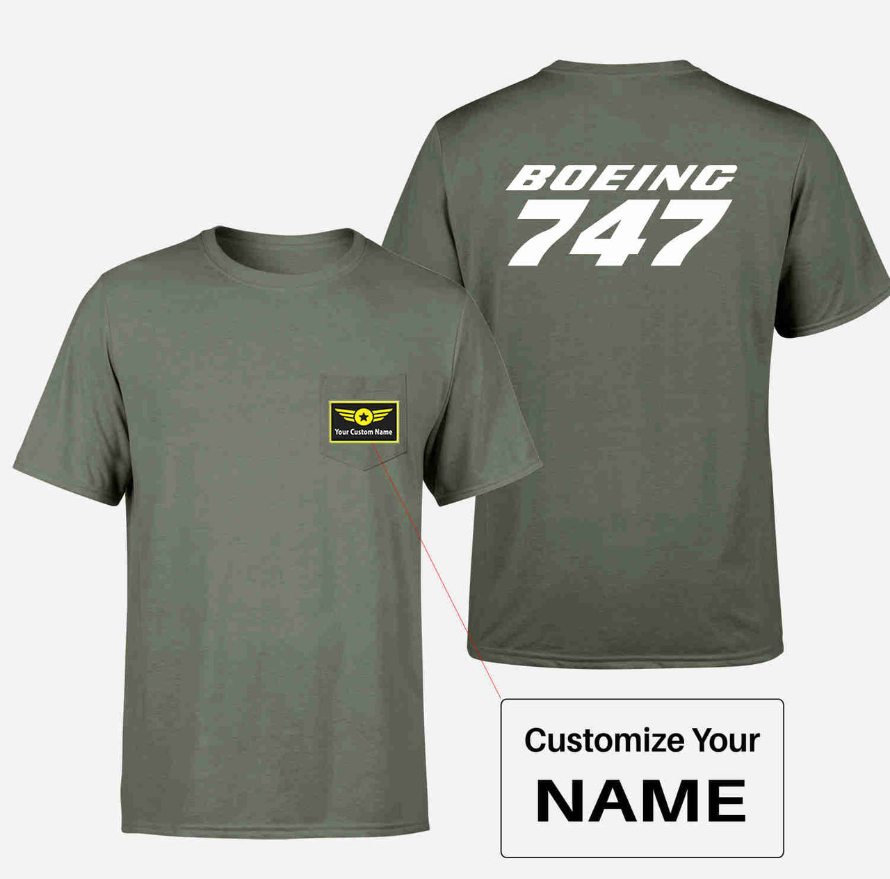 Boeing 747 & Text Designed Pocket T-Shirts