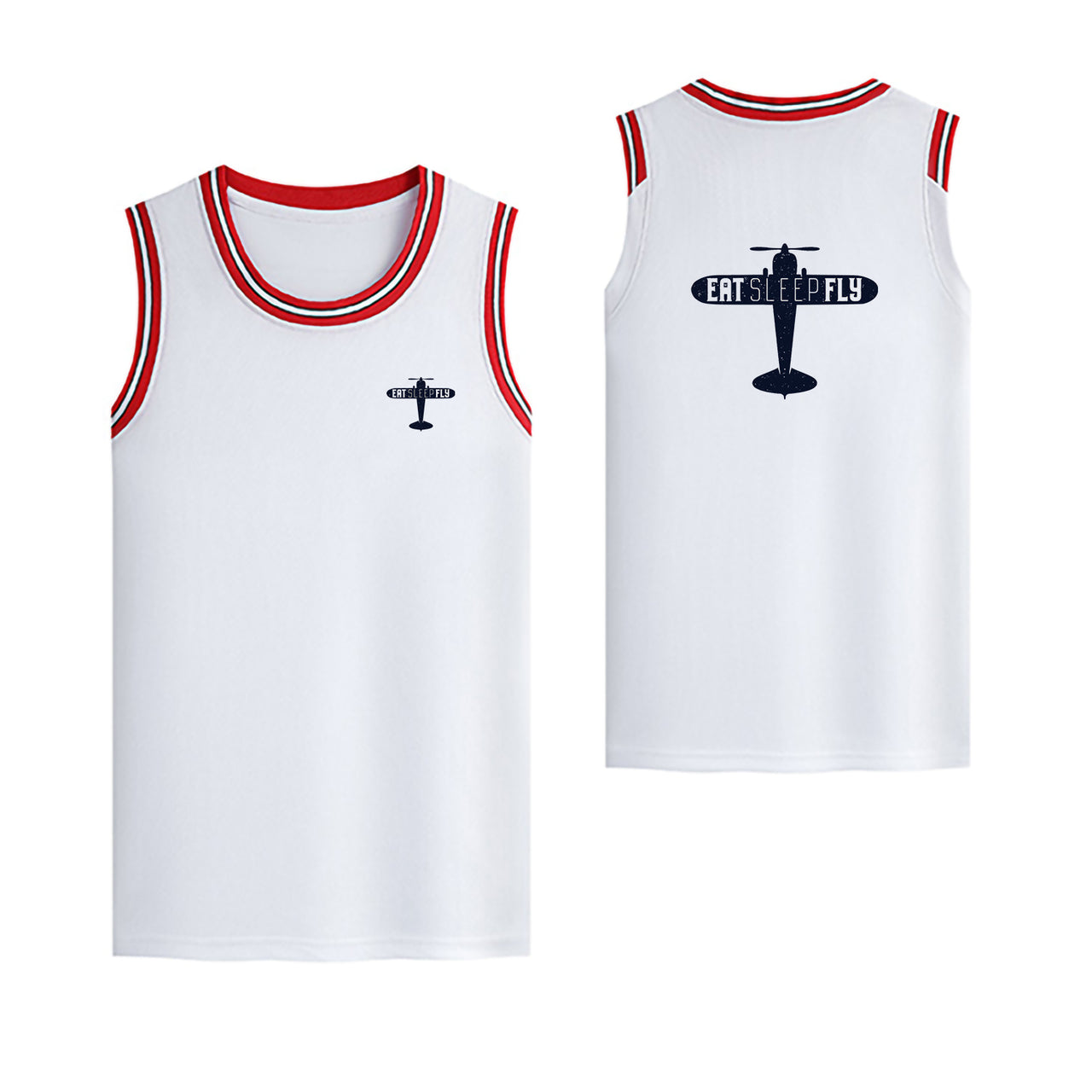 Eat Sleep Fly & Propeller Designed Basketball Style Sports Tank Tops