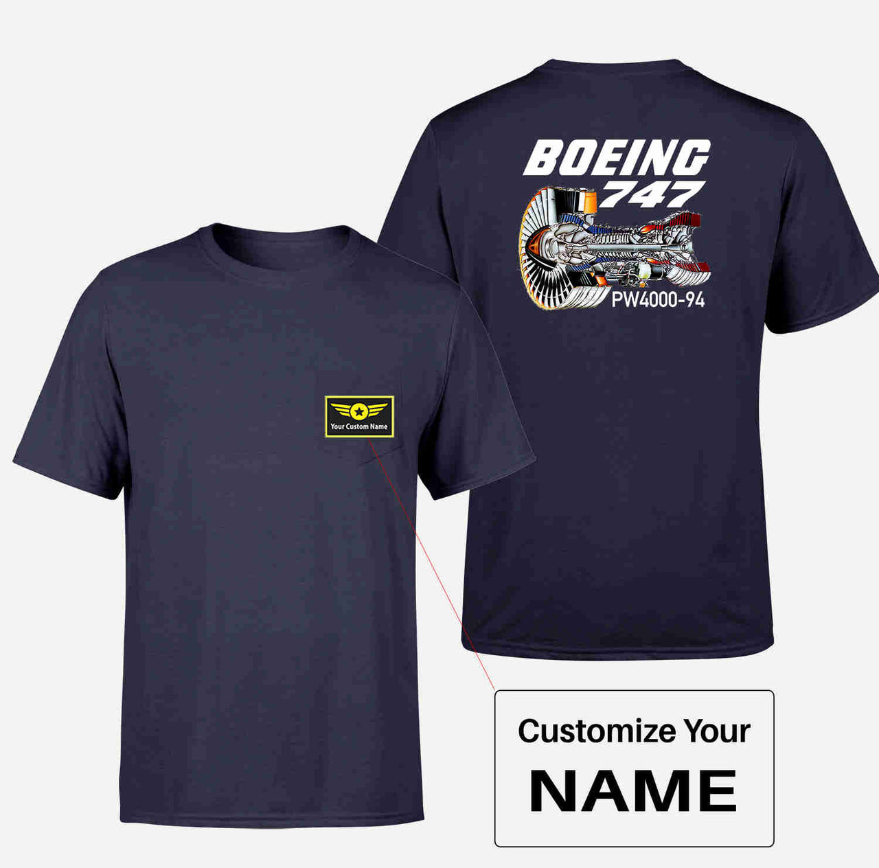 Boeing 747 & PW4000-94 Engine Designed Pocket T-Shirts