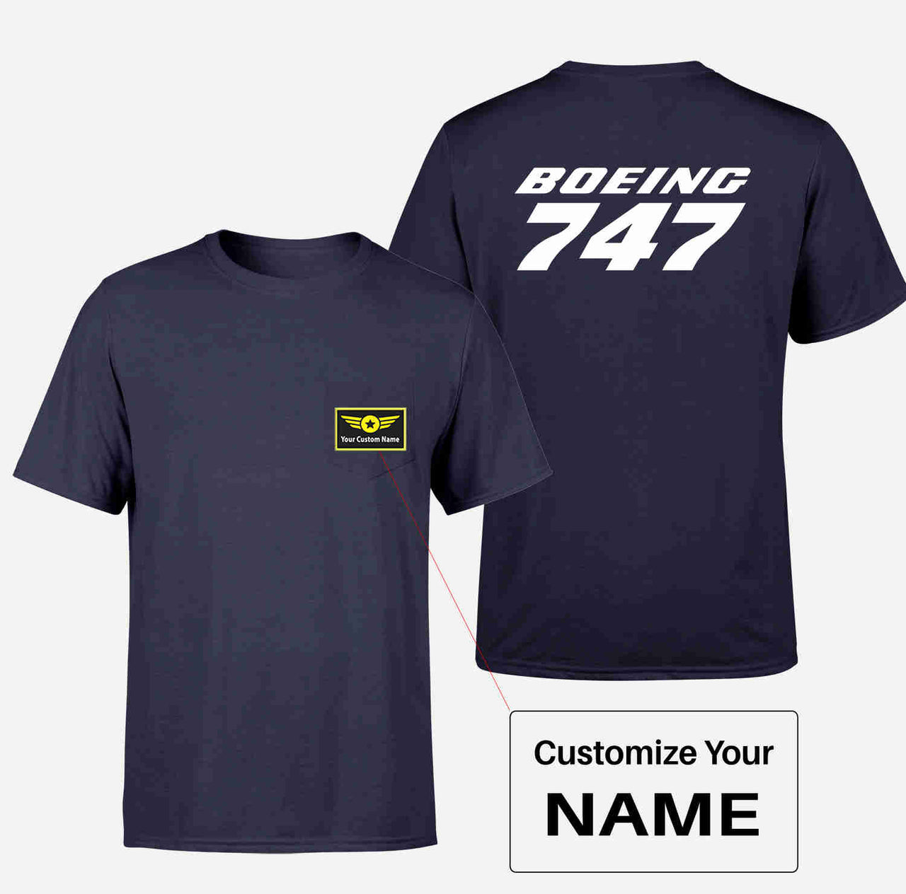 Boeing 747 & Text Designed Pocket T-Shirts