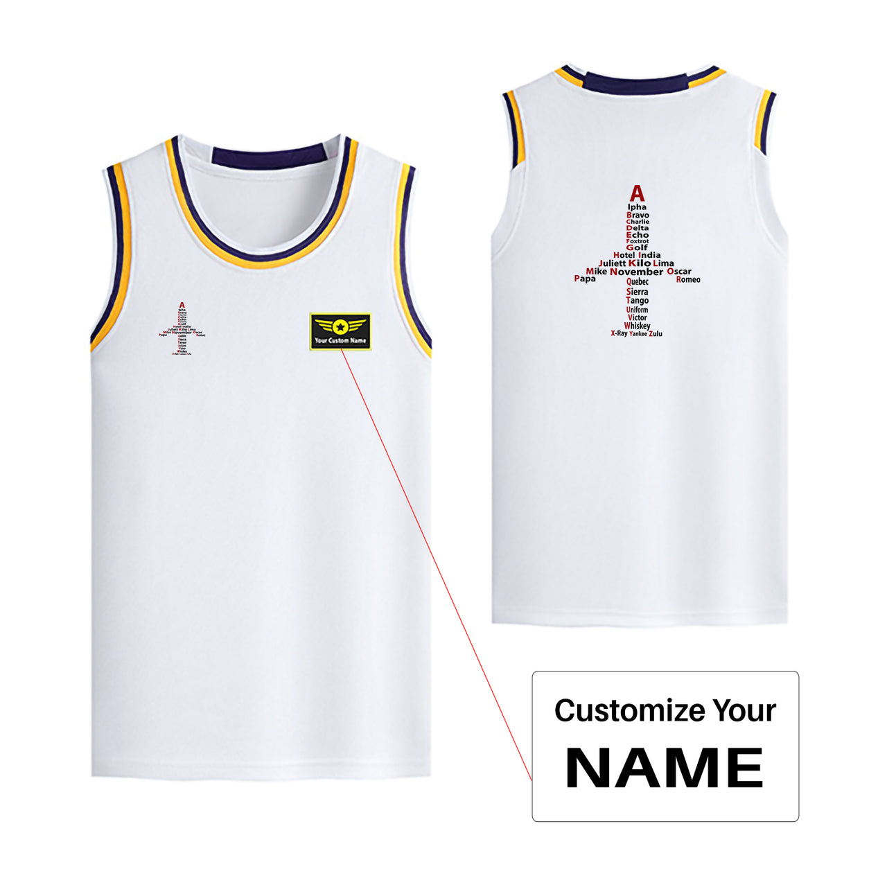 Airplane Shape Aviation Alphabet Designed Basketball Style Sports Tank Tops