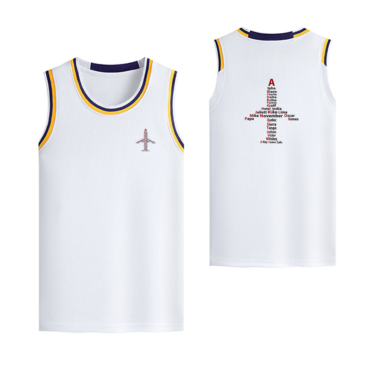 Airplane Shape Aviation Alphabet Designed Basketball Style Sports Tank Tops