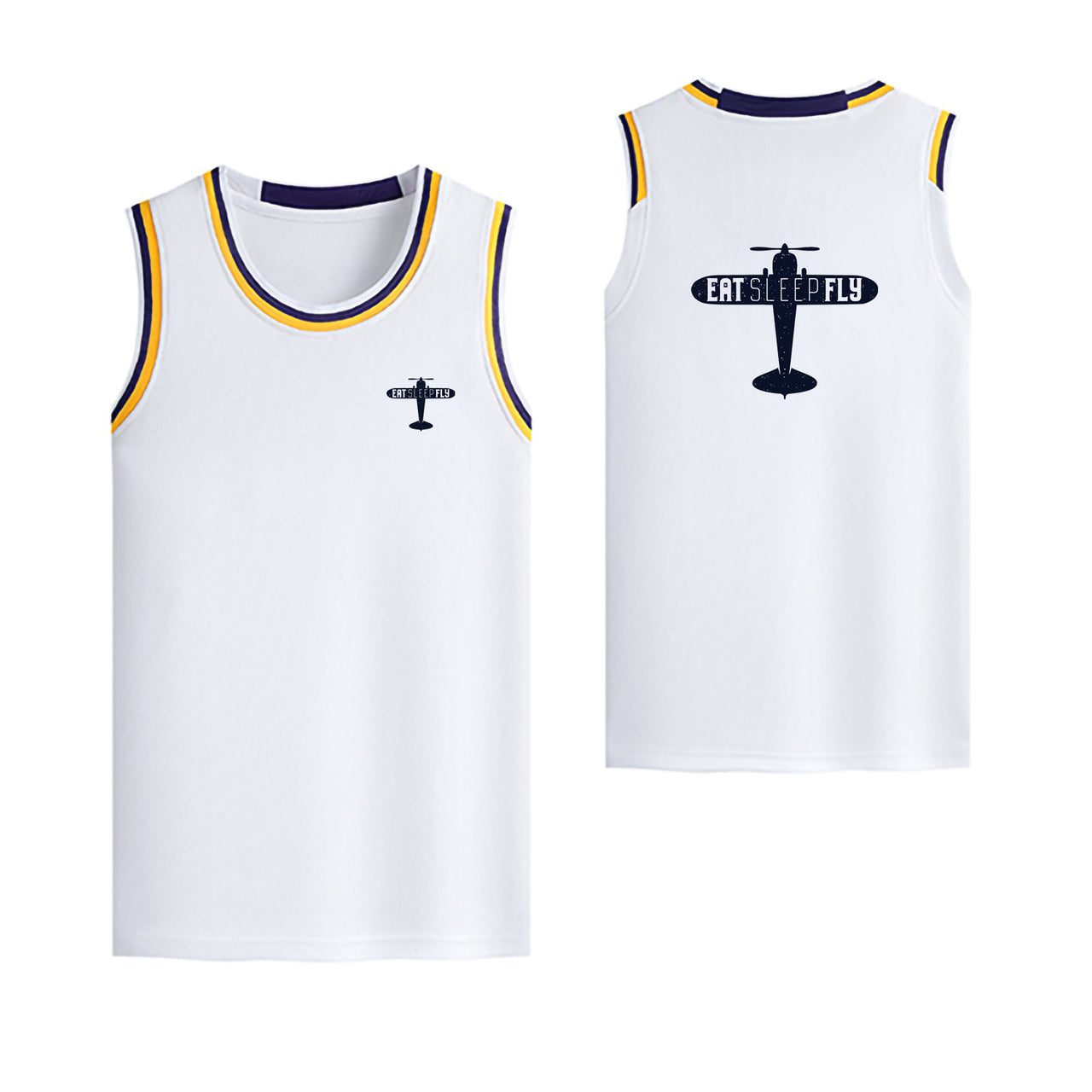 Eat Sleep Fly & Propeller Designed Basketball Style Sports Tank Tops