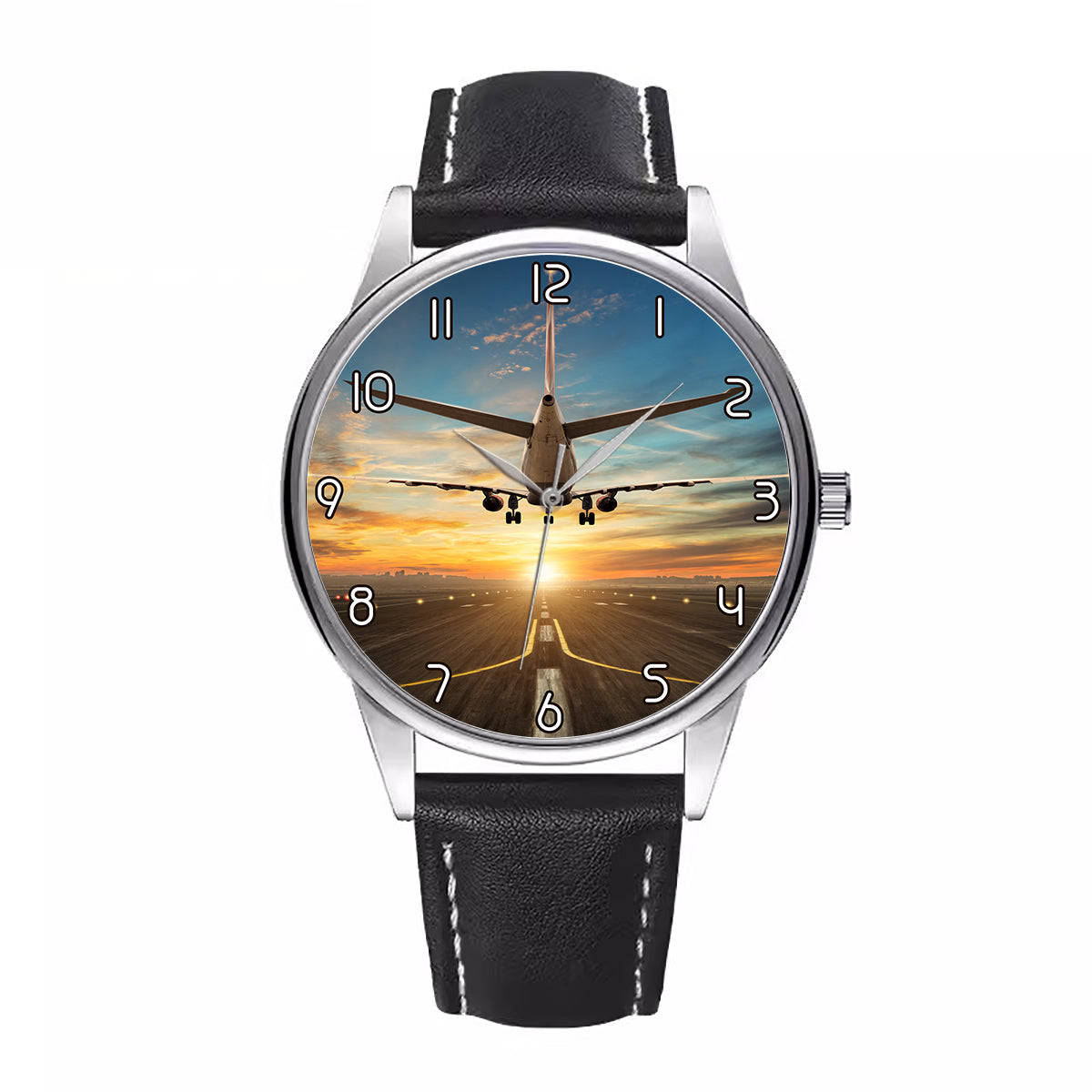 Airplane over Runway Towards the Sunrise Designed Fashion Leather Strap Watches