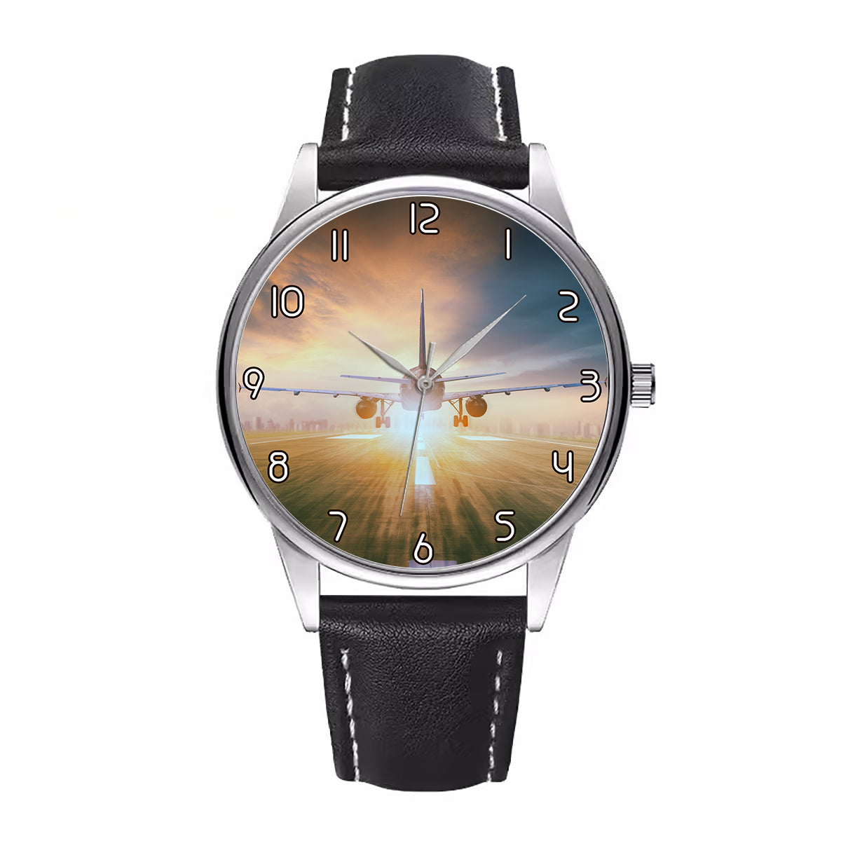 Airplane Flying Over Runway Designed Fashion Leather Strap Watches