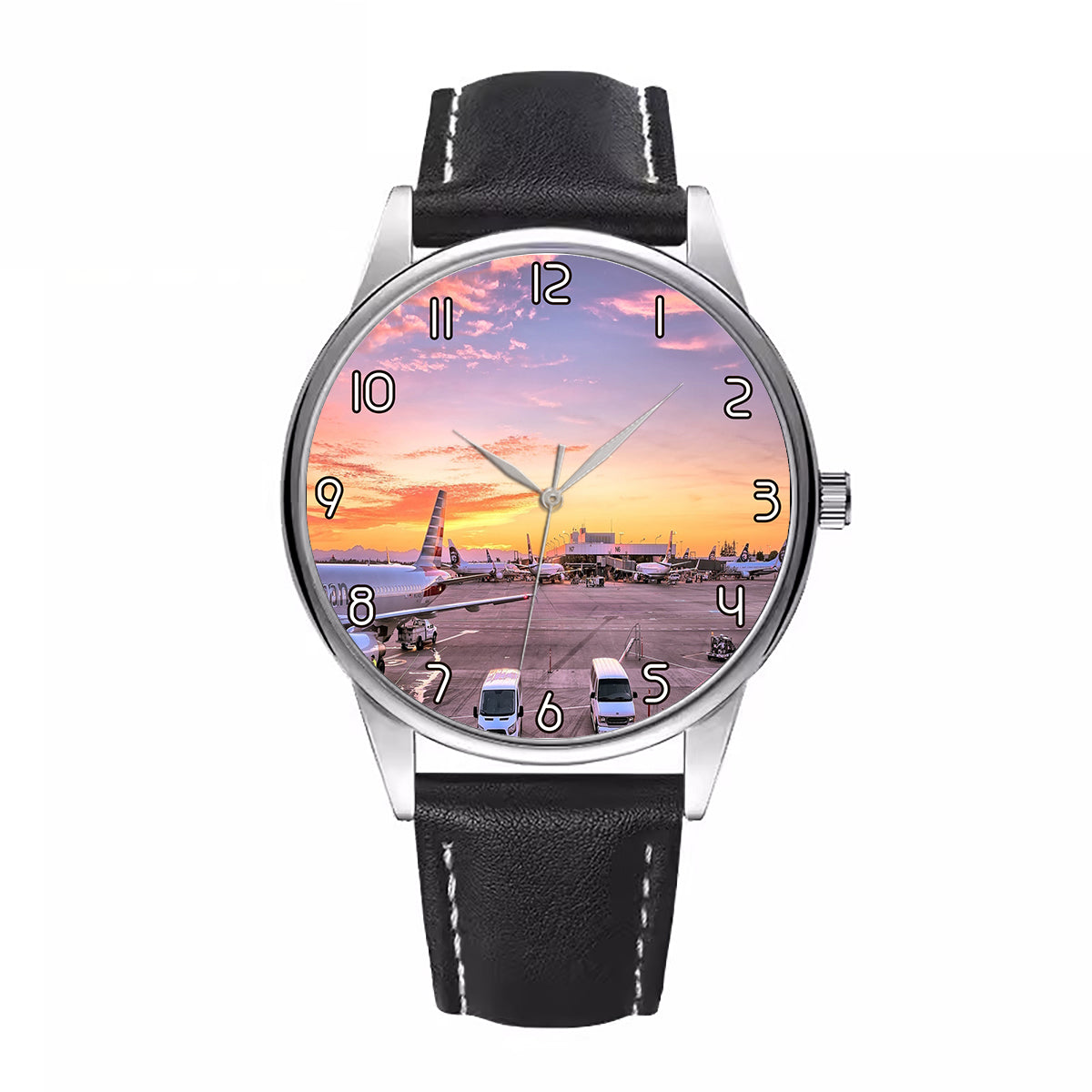 Airport Photo During Sunset Designed Fashion Leather Strap Watches