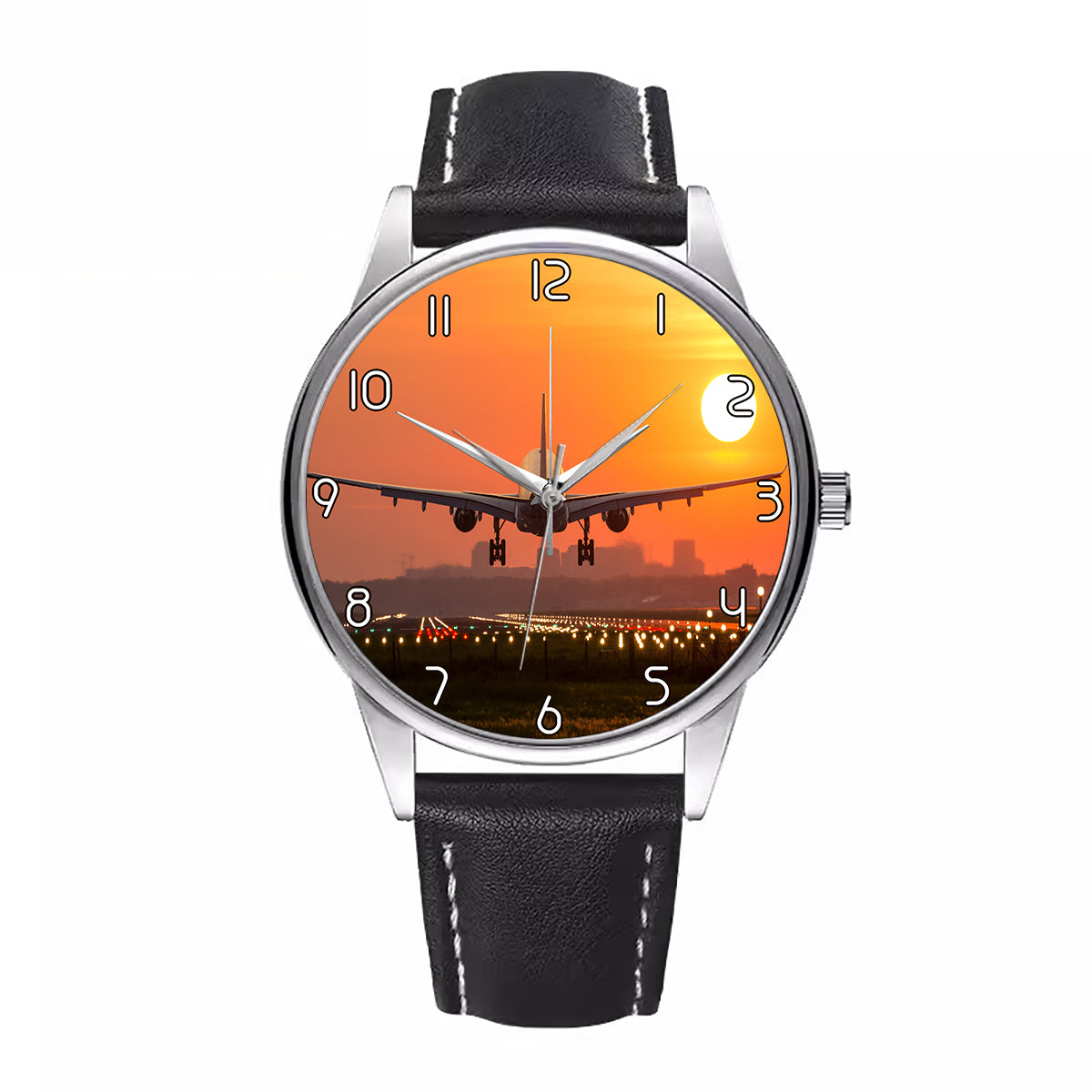 Amazing Airbus A330 Landing at Sunset Designed Fashion Leather Strap Watches