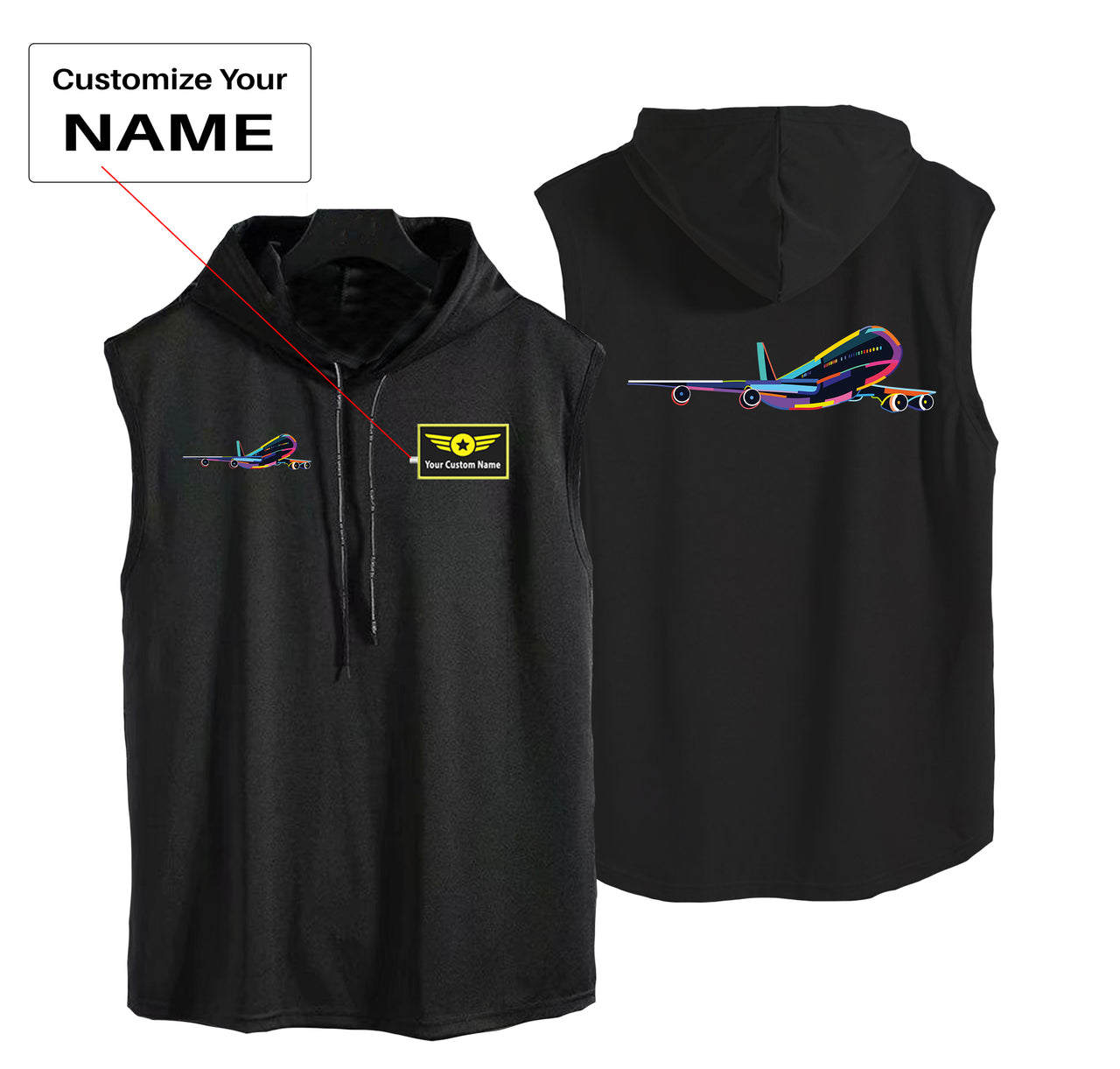 Multicolor Airplane Designed Hooded Tank Tops