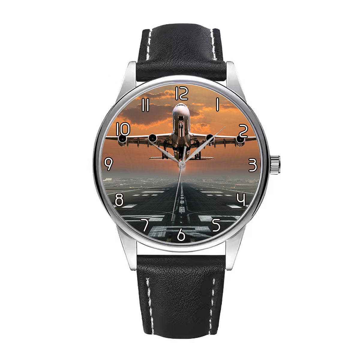 Aircraft Departing from RW30 Designed Fashion Leather Strap Watches