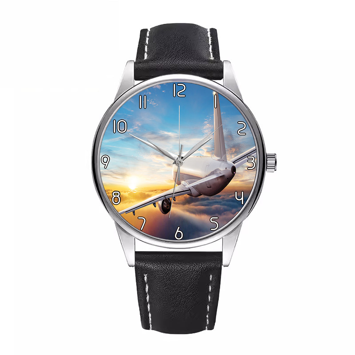 Airliner Jet Cruising over Clouds Designed Fashion Leather Strap Watches