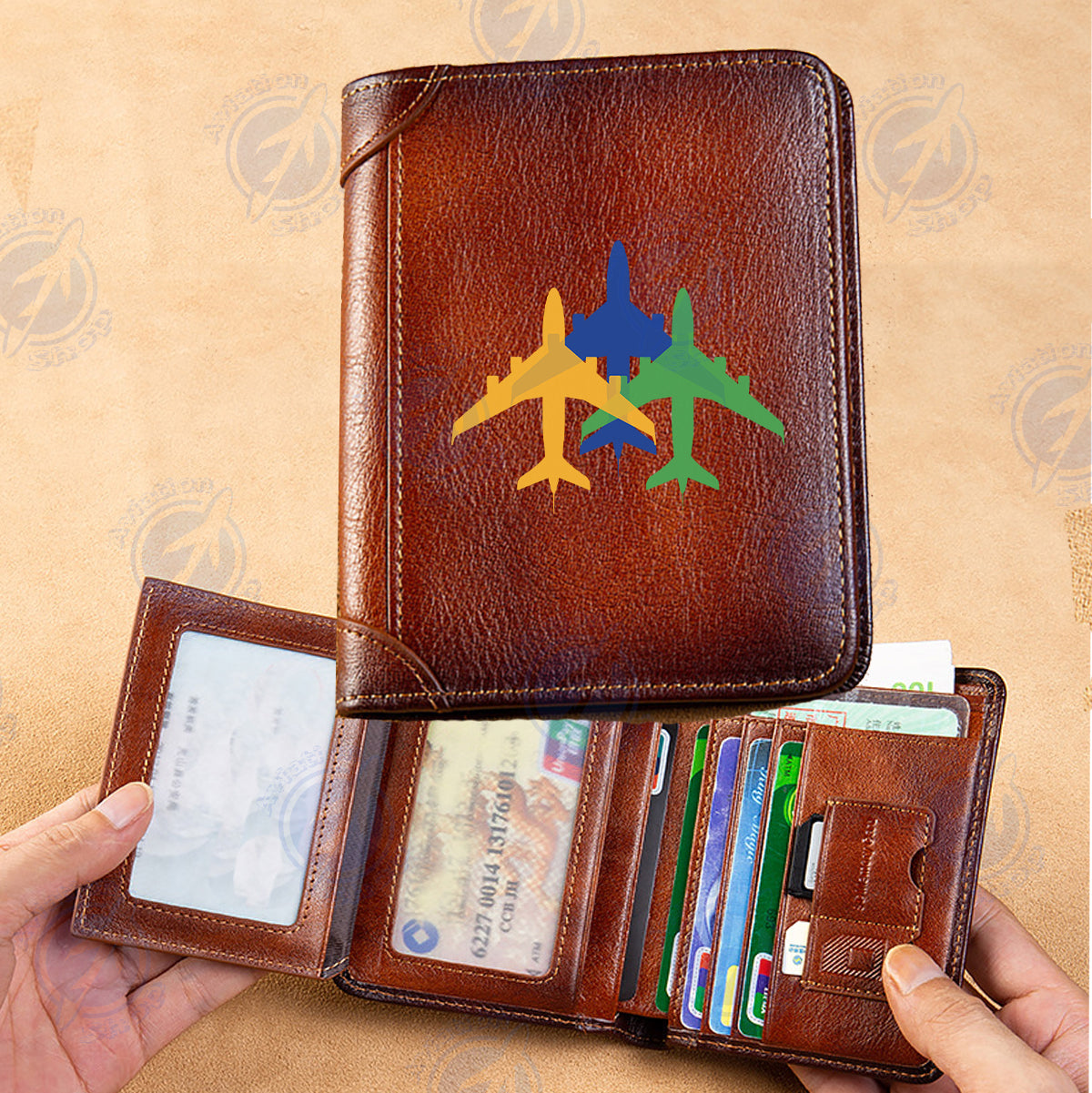 Colourful 3 Airplanes Designed Leather Wallets