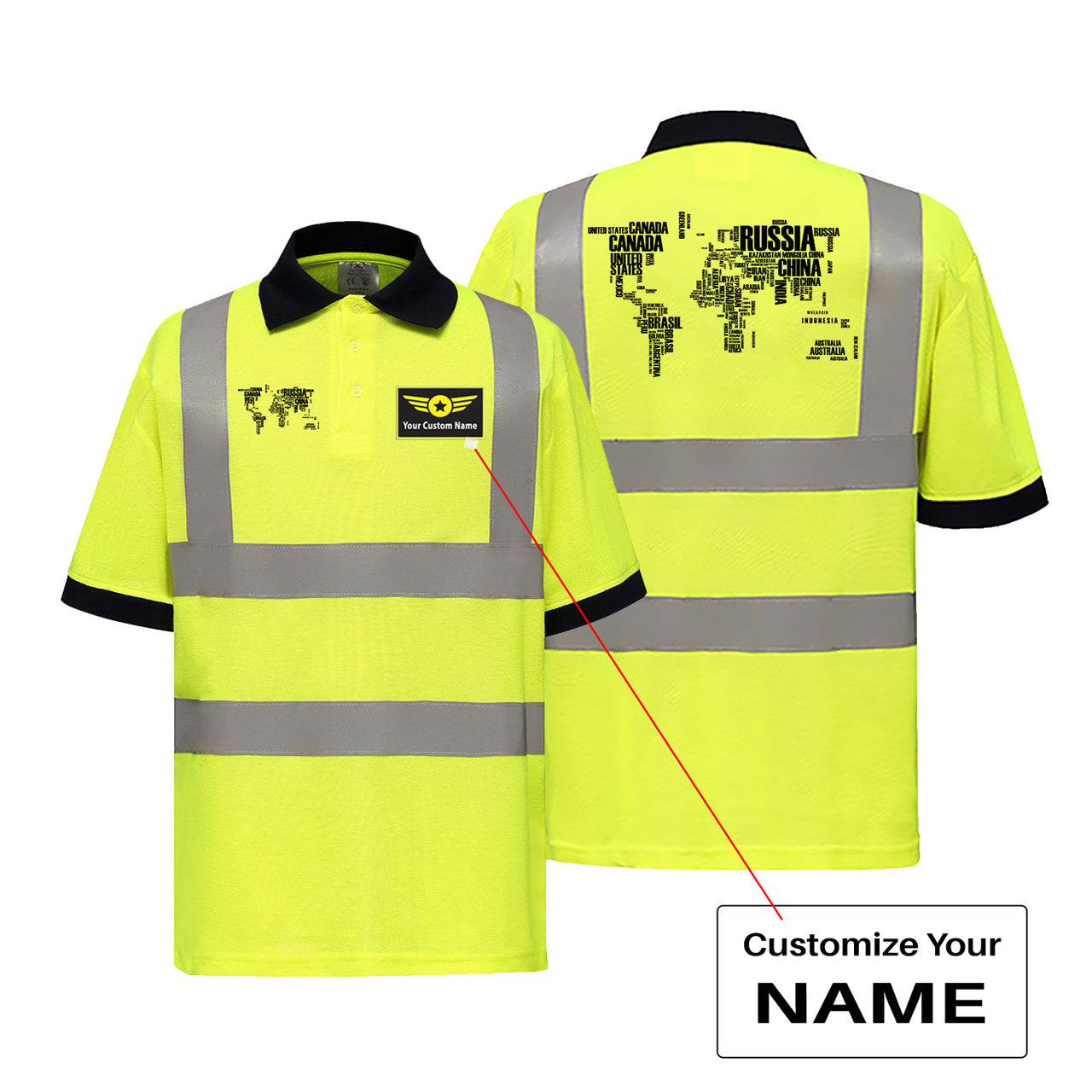 World Map (Text) Designed Reflective Polo T-Shirts