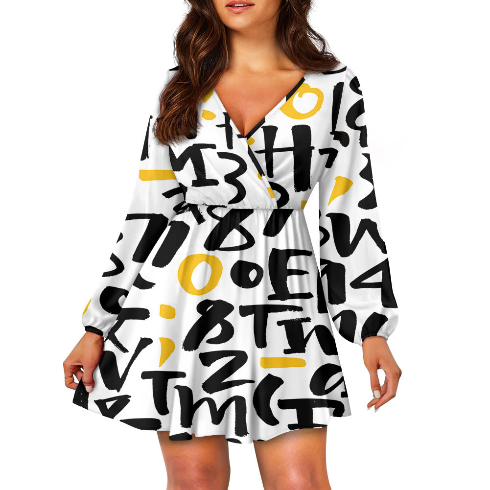 Mixed Letters Designed Women V-neck Dress