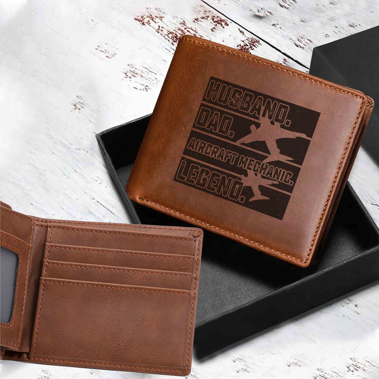 Husband & Dad & Aircraft Mechanic & Legend Designed Laser Leather Wallets