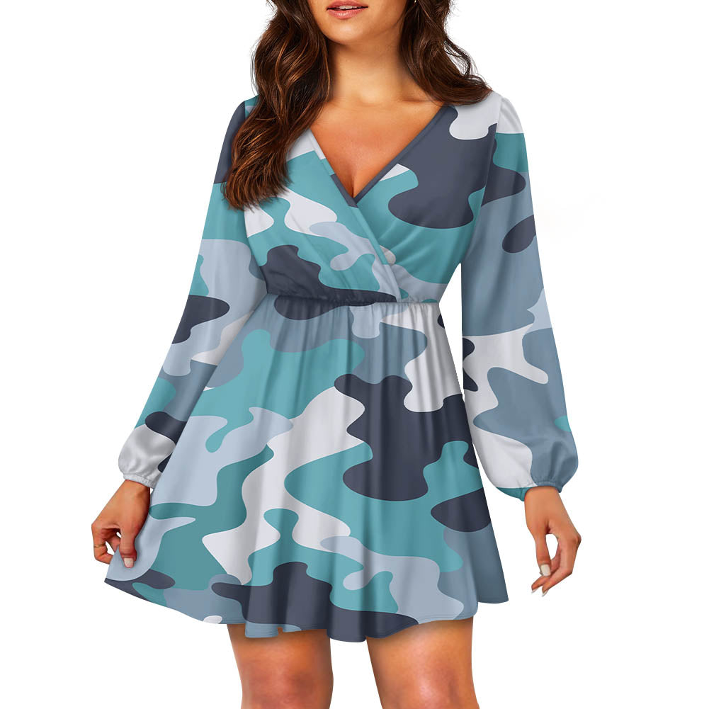 Military Camouflage Green Designed Women V-neck Dress