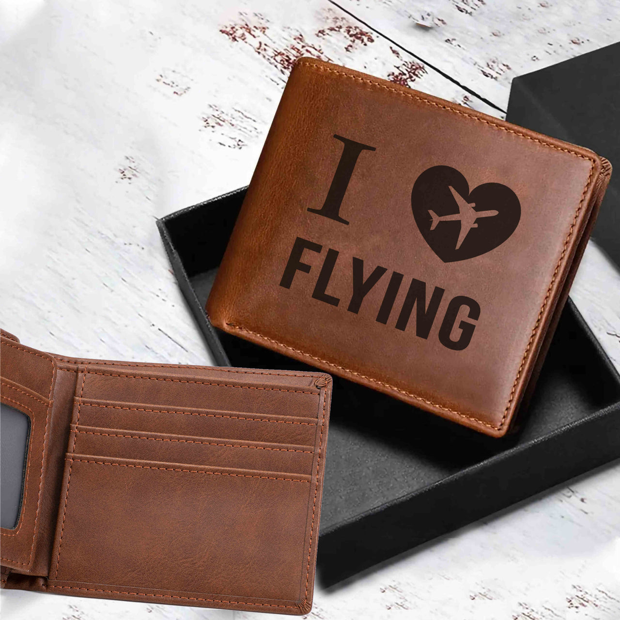 I Love Flying Designed Laser Leather Wallets