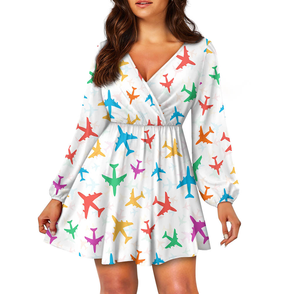 Cheerful Seamless Airplanes 2 Designed Women V-neck Dress