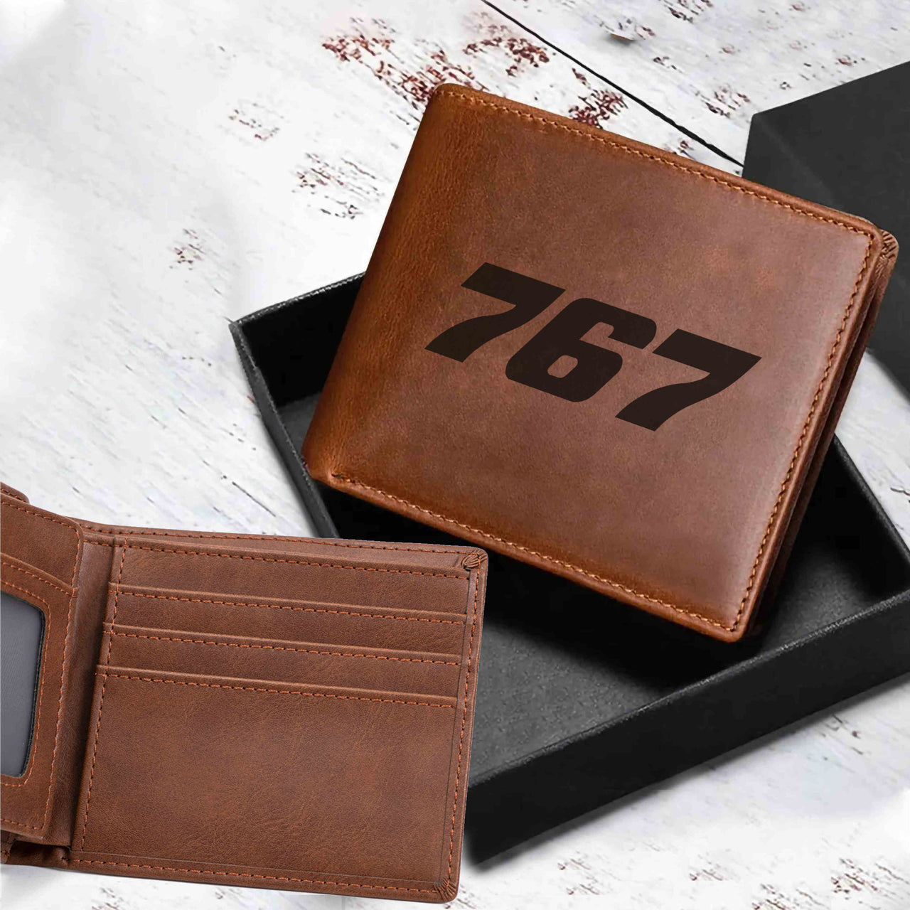 767 Flat Text Designed Laser Leather Wallets