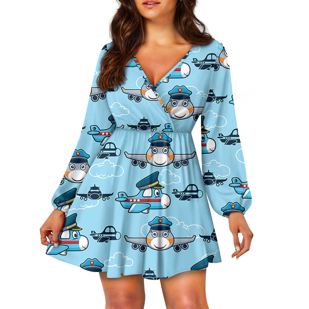 Cartoon & Funny Airplanes 2 Designed Women V-neck Dress