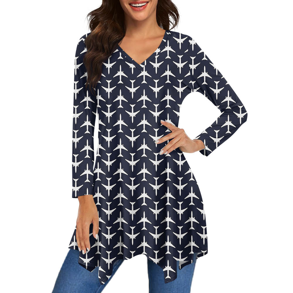 Perfectly Sized Seamless Airplanes Dark Blue Designed Women Lrregular V-neck Skirts