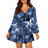 Thumbnail for Fly Be Free Blue 2 Designed Women V-neck Dress