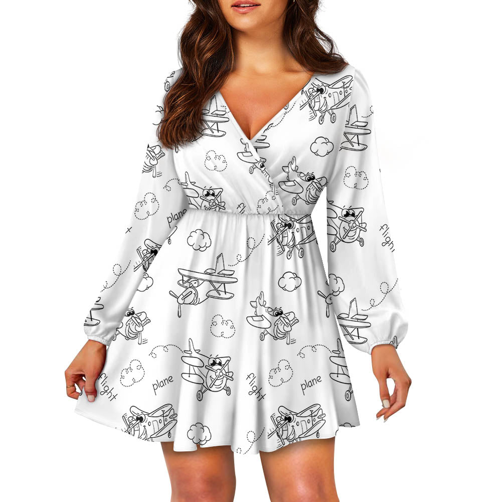 Cartoon Planes 2 Designed Women V-neck Dress