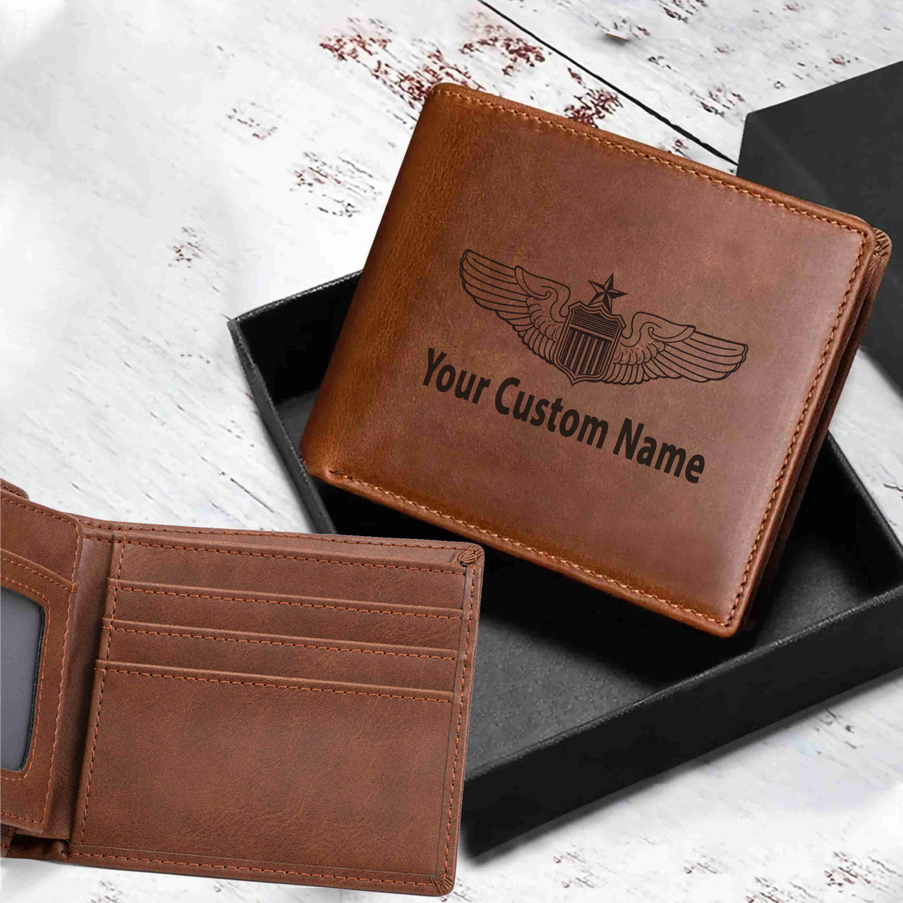 Custom Name (US Air Force & Star) Designed Laser Leather Wallets