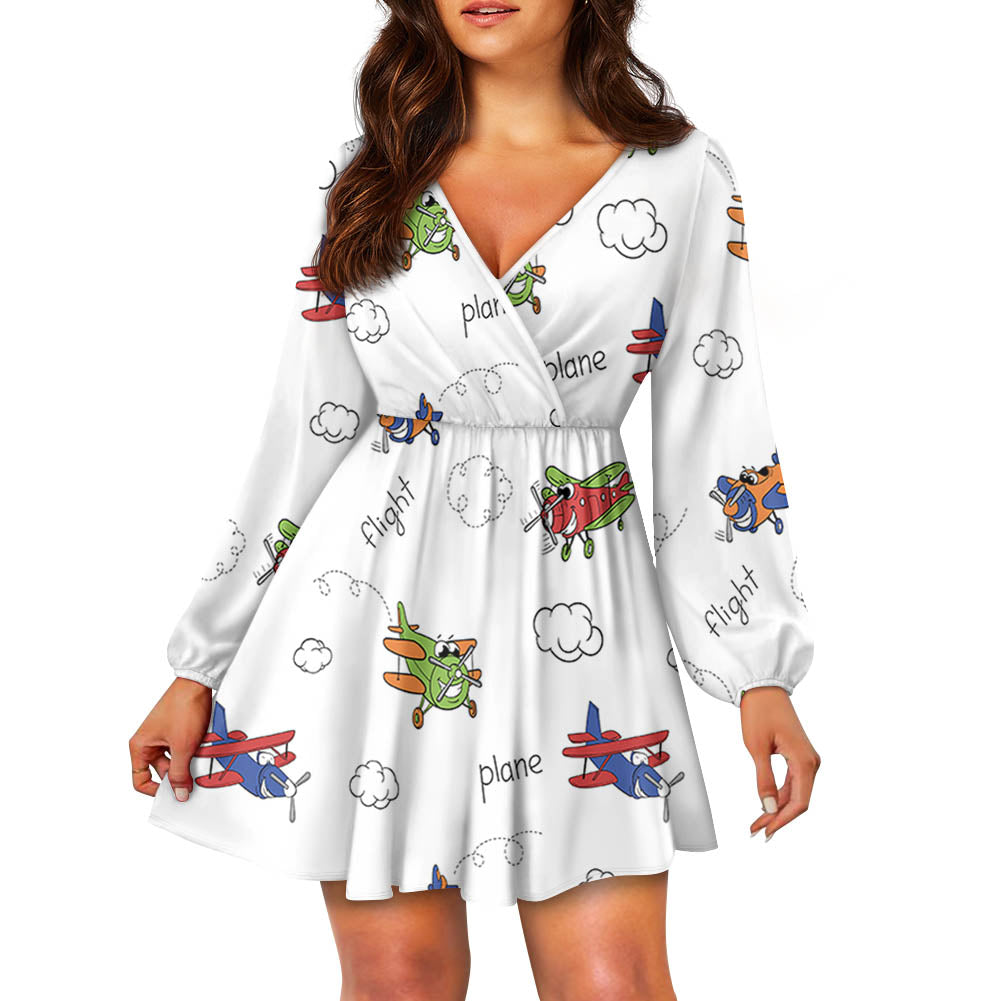 Colorful Cartoon Planes 2 Designed Women V-neck Dress