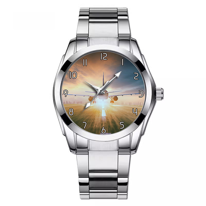 Airplane Flying Over Runway Designed Stainless Steel Band Watches