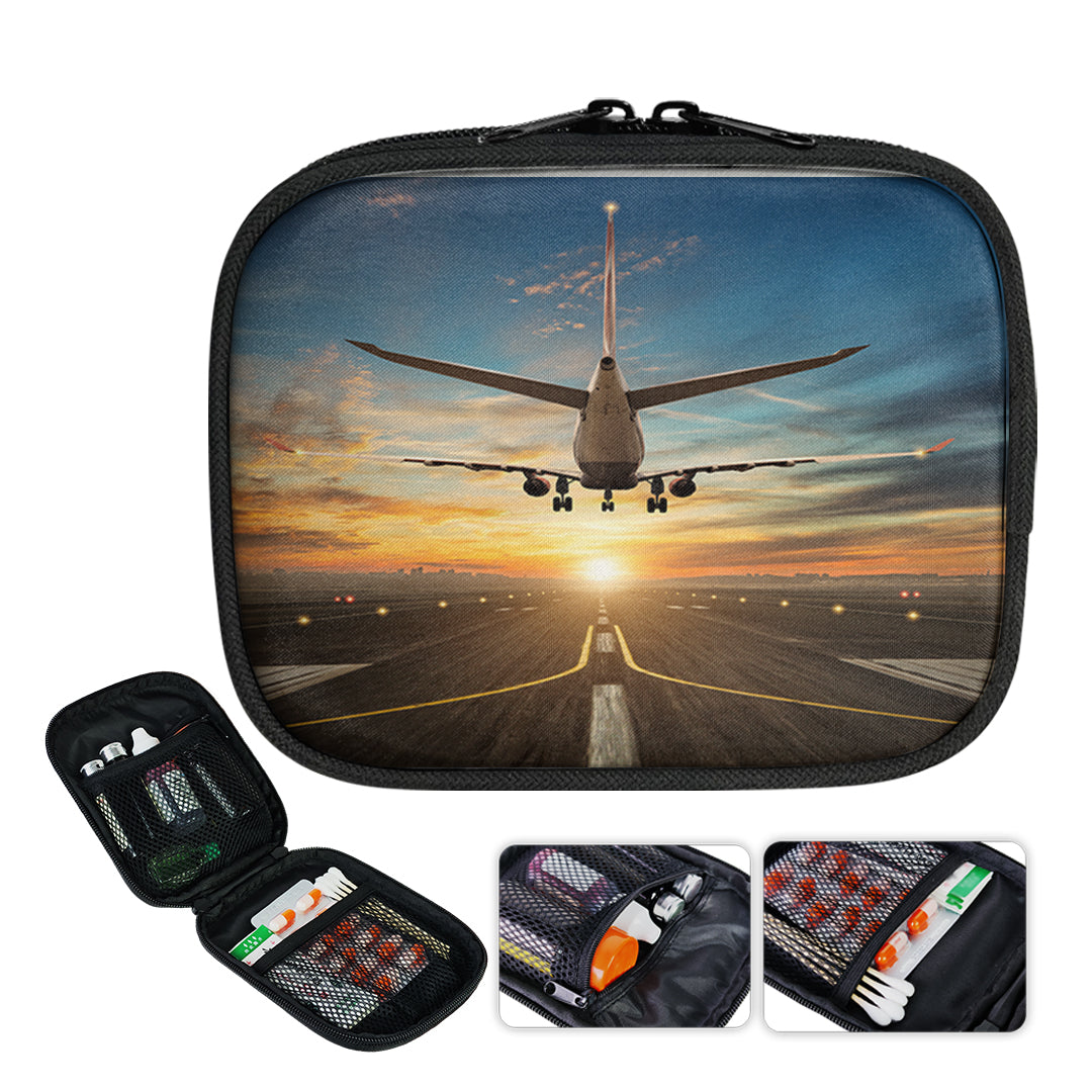 Airplane over Runway Towards the Sunrise Designed Travel & Medical Storage Bags