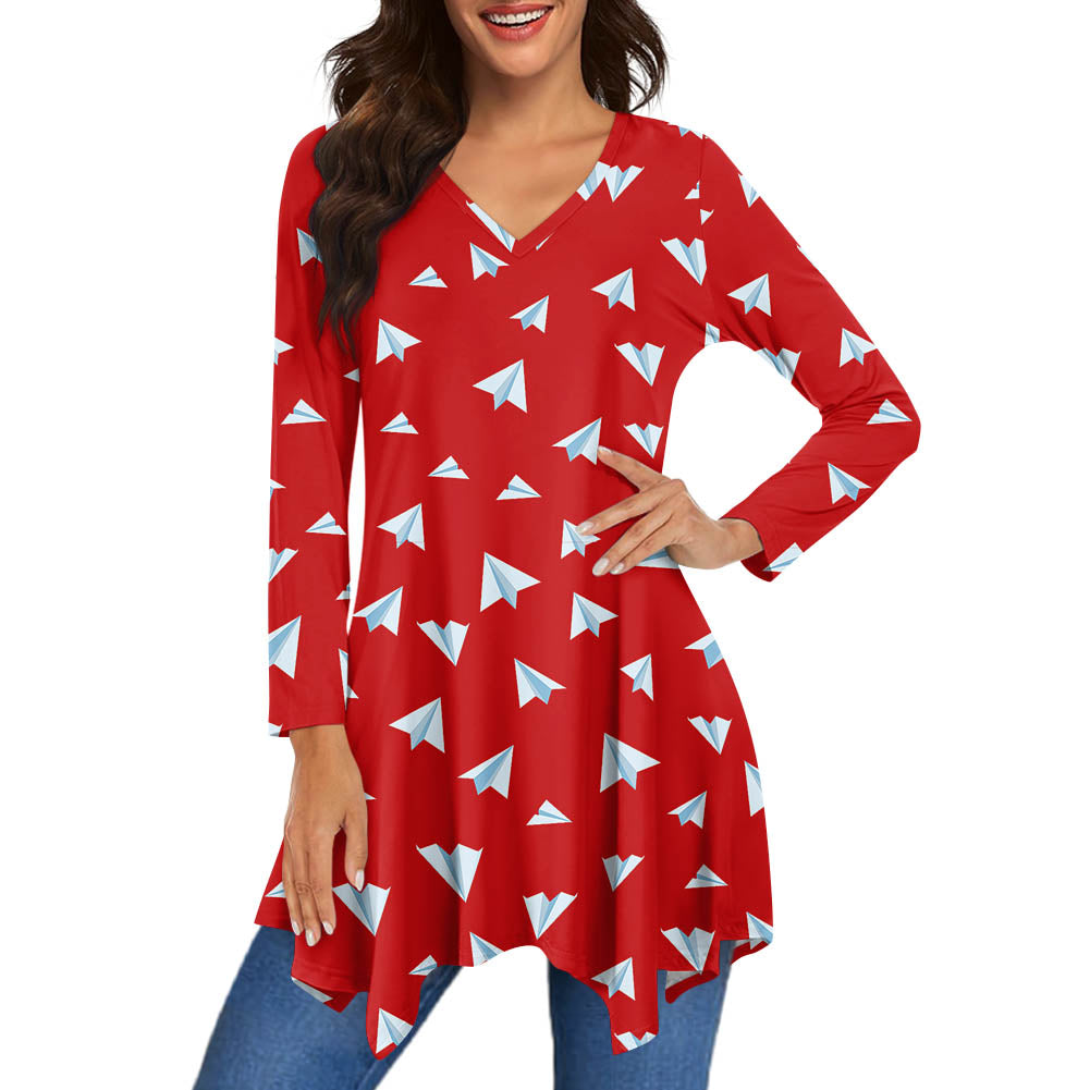 Paper Airplanes (Red) 2 Designed Women Lrregular V-neck Skirts