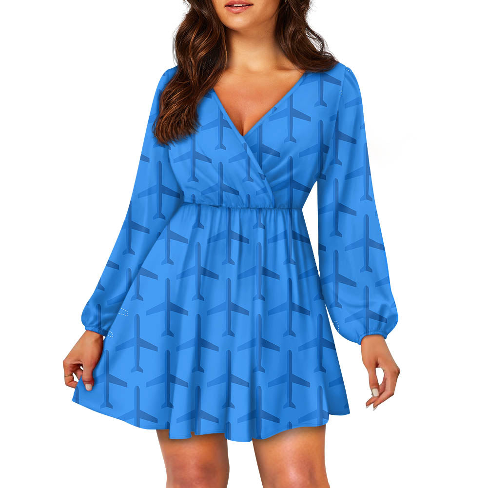 Blue Seamless Airplanes 2 Designed Women V-neck Dress