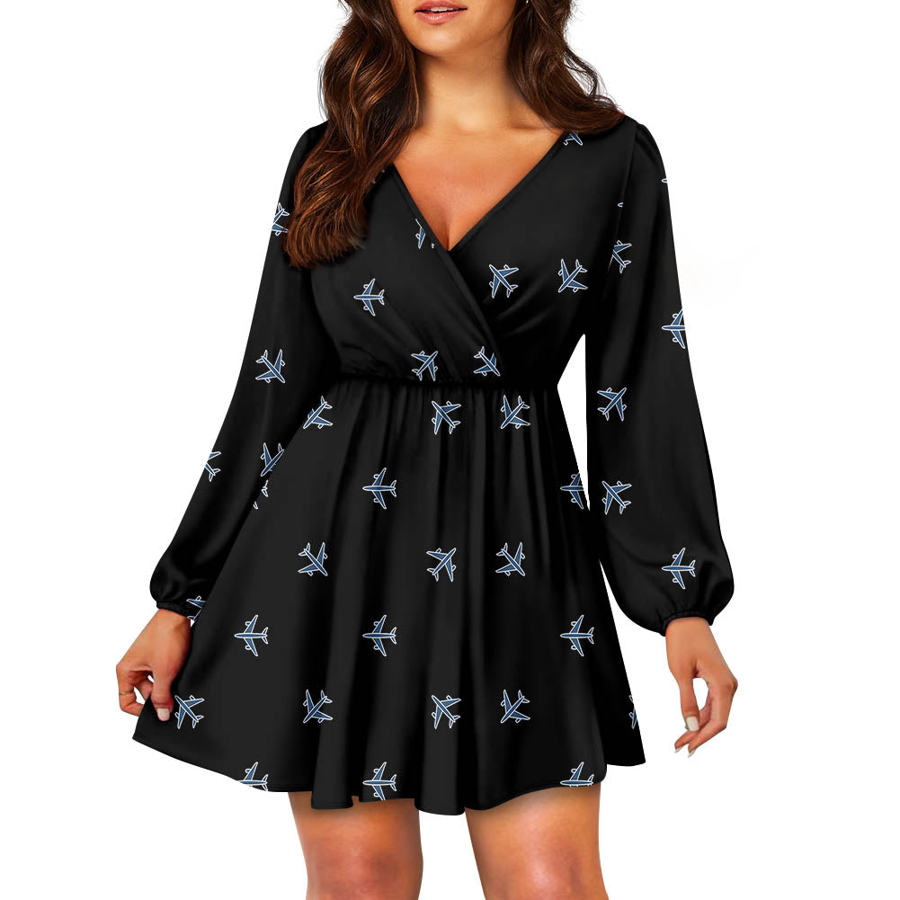 Nice Airplanes (Black) 2 Designed Women V-neck Dress