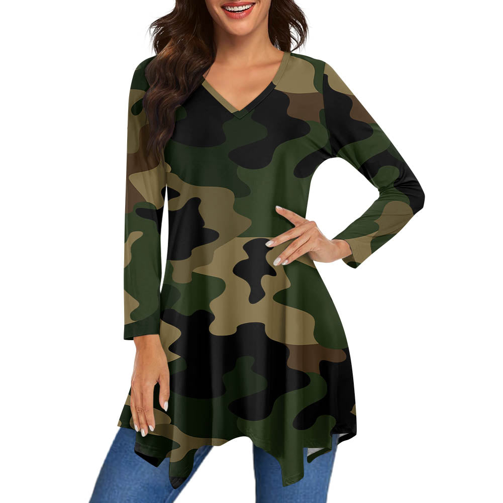 Military Camouflage Army Green Designed Women Lrregular V-neck Skirts