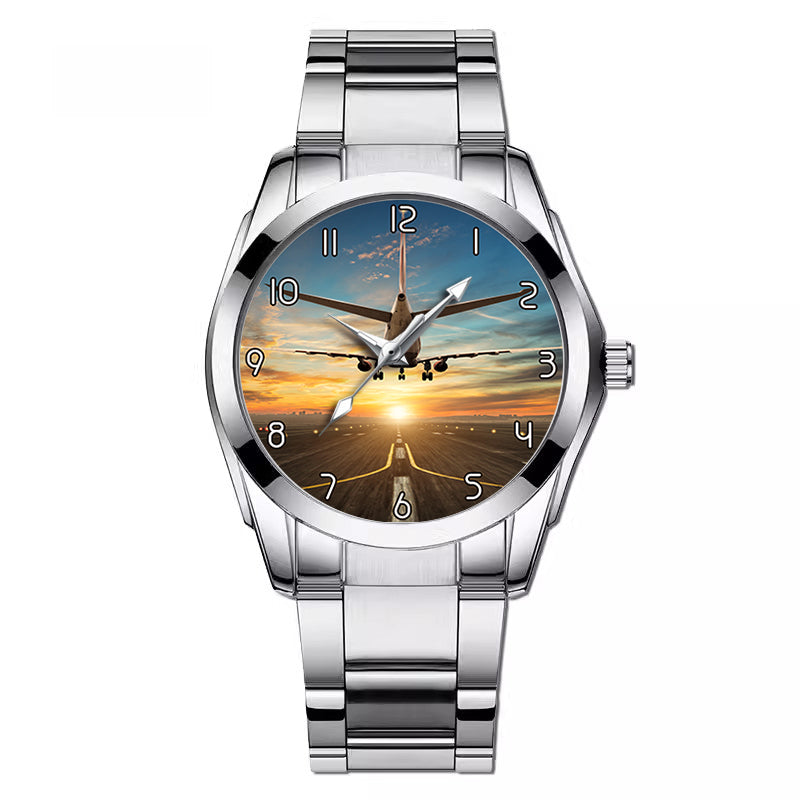 Airplane over Runway Towards the Sunrise Designed Stainless Steel Band Watches