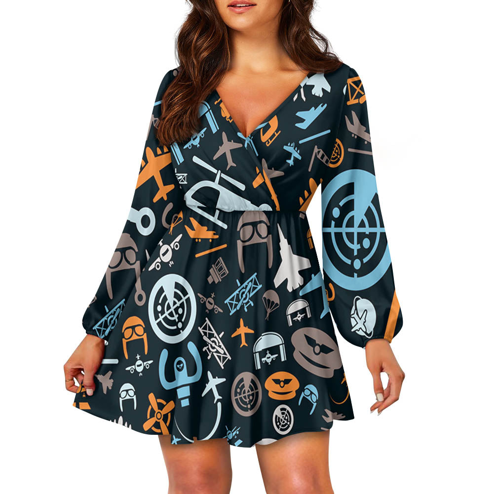 Aviation Icons 2 Designed Women V-neck Dress