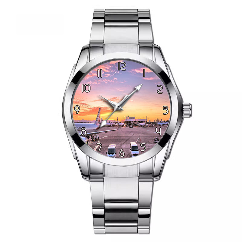 Airport Photo During Sunset Designed Stainless Steel Band Watches