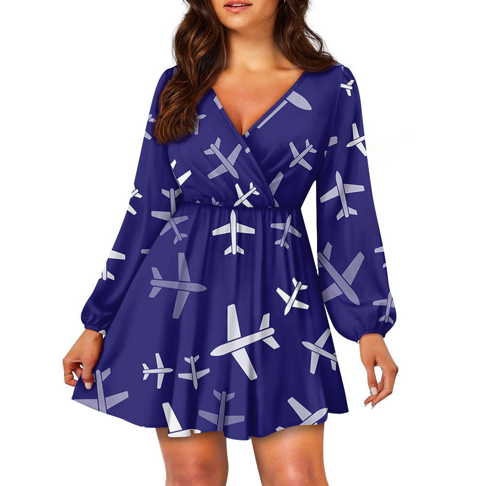 Different Sizes Seamless Airplanes Designed Women V-neck Dress