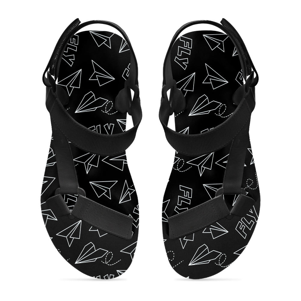 Paper Airplane & Fly Black Designed Open Toe Sandals (Slippers)