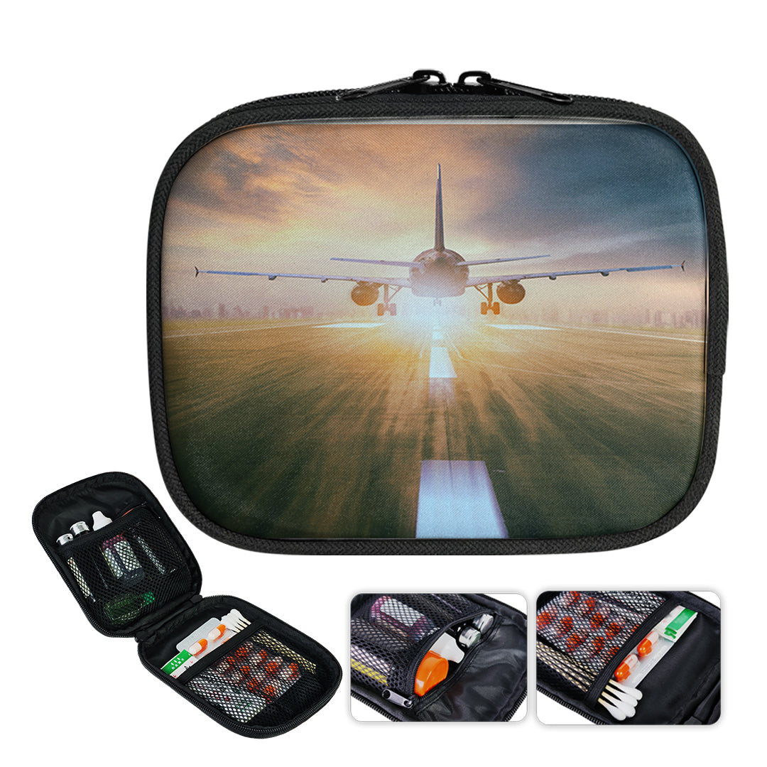 Airplane Flying Over Runway Designed Travel & Medical Storage Bags