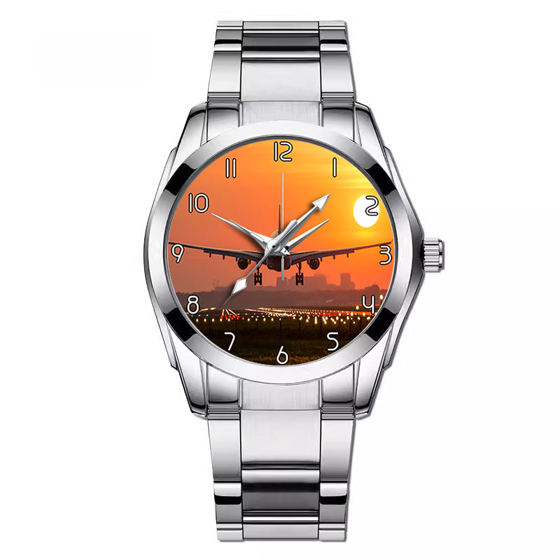 Amazing Airbus A330 Landing at Sunset Designed Stainless Steel Band Watches