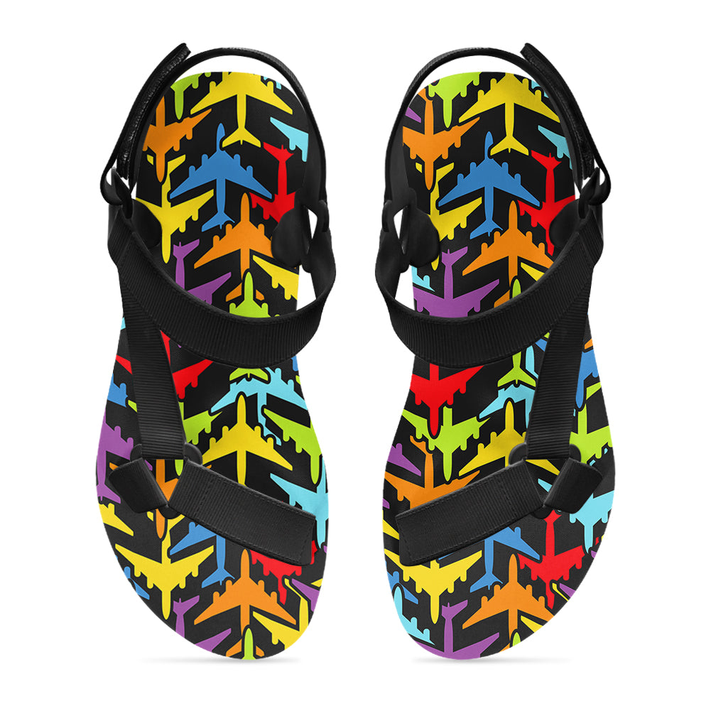 Super Colourful Airplanes Designed Open Toe Sandals (Slippers)