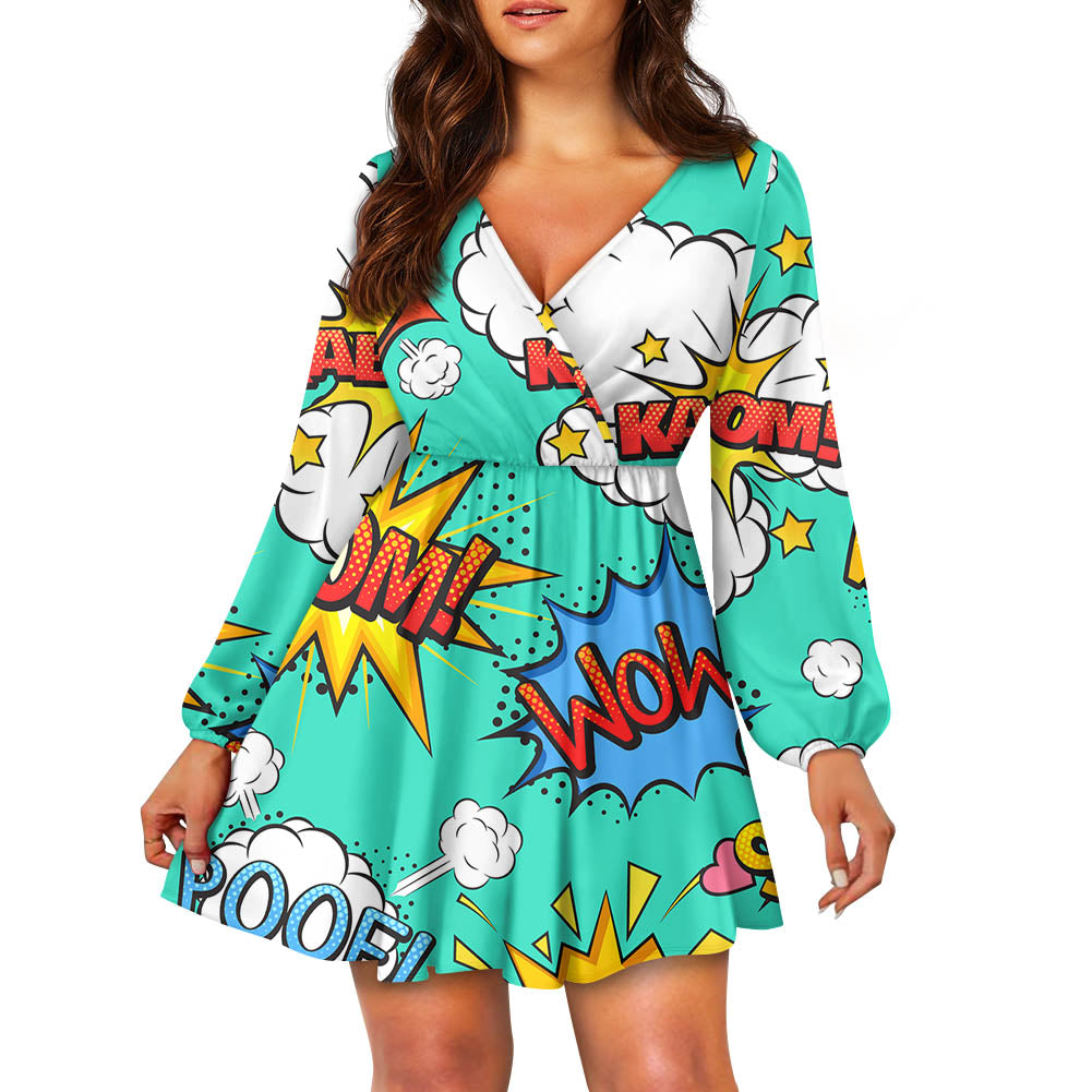 Mixed Comics Designed Women V-neck Dress