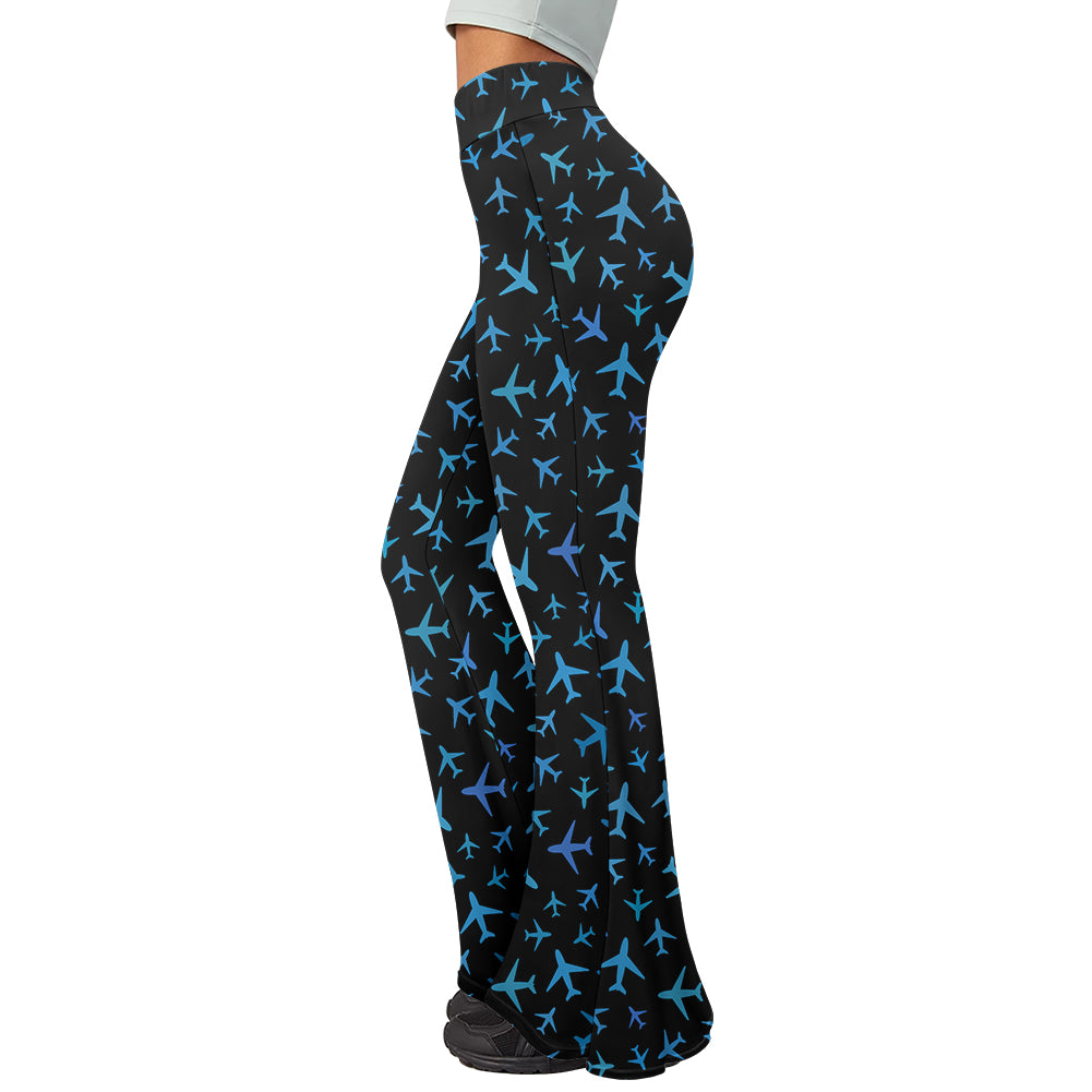 Many Airplanes Black 2 Designed Women Yoga Flared Pants