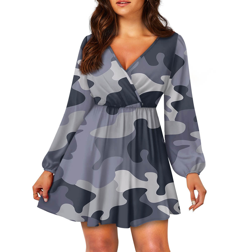 Military Camouflage Army Gray Designed Women V-neck Dress