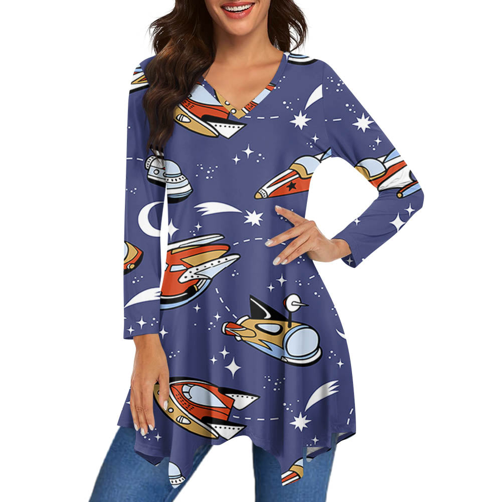 Spaceship & Stars 2 Designed Women Lrregular V-neck Skirts