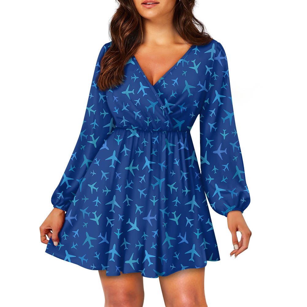 Many Airplanes Blue 2 Designed Women V-neck Dress